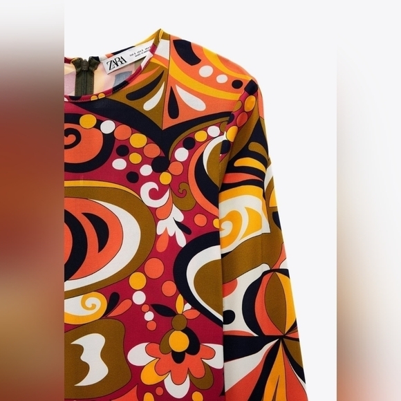 Zara Goovy Multicolored Mod 1970s Style Slit Sides Maxi Dress Long Sleeve Size S - Picture 6 of 16